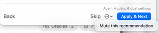 Full wizard footer with Skip, the overflow menu, Apply &amp; Next, and Mute this recommendation