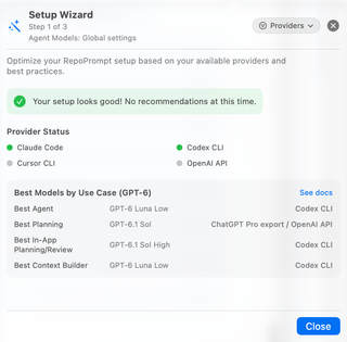 Setup Wizard reporting no recommendations, with provider status and the best-model reference