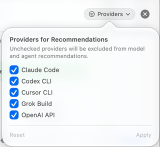 Providers for Recommendations popover with five checked provider families, Reset, and Apply