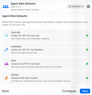 Agent Role Defaults step with Explore, Engineer, Pair, and Design model choices and a Configure button