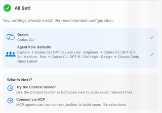 Wizard Summary showing an already-matching Oracle and role configuration, followed by Context Builder and MCP next steps