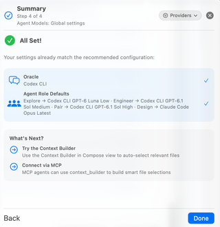 Complete Summary step showing the matched configuration, next steps, Back, and Done