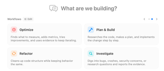 Another workflow page with Optimize, Plan and Build, Refactor, and Investigate