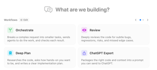 Welcome workflow cards for Orchestrate, Review, Deep Plan, and ChatGPT Export