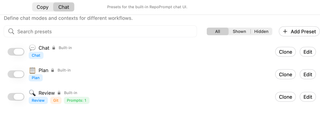 Workflow Presets Chat tab showing Chat, Plan, and Review
