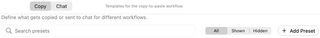 Copy and Chat selector, preset search, visibility filter, and Add Preset
