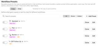Workflow Presets Copy tab showing Standard, Plan, Review, and Diff Follow-Up presets