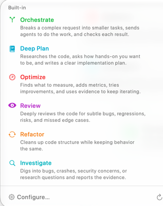 Workflow selector showing built-in templates and Configure