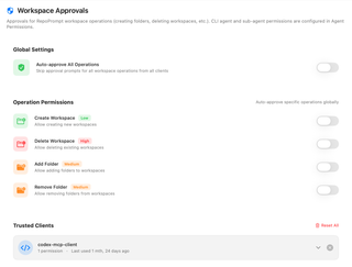 Workspace Approvals with global approval, operation permissions, and trusted clients