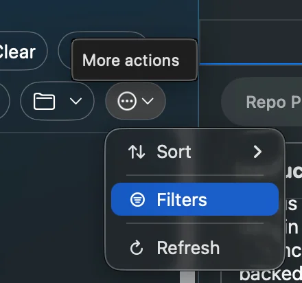 More actions menu with Filters highlighted between Sort and Refresh