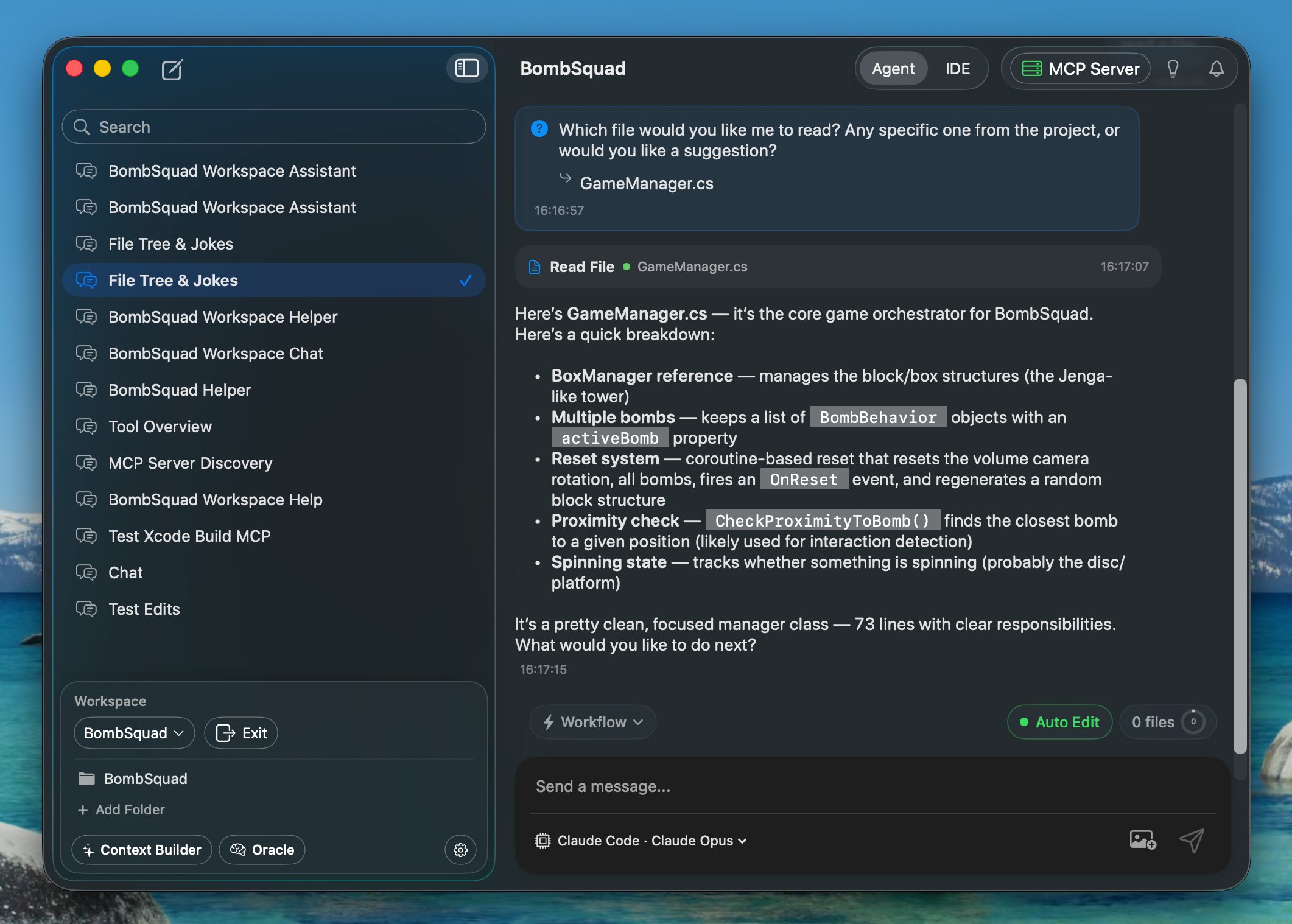 RepoPrompt Agent Mode showing a Claude Code session with file reading and workspace context